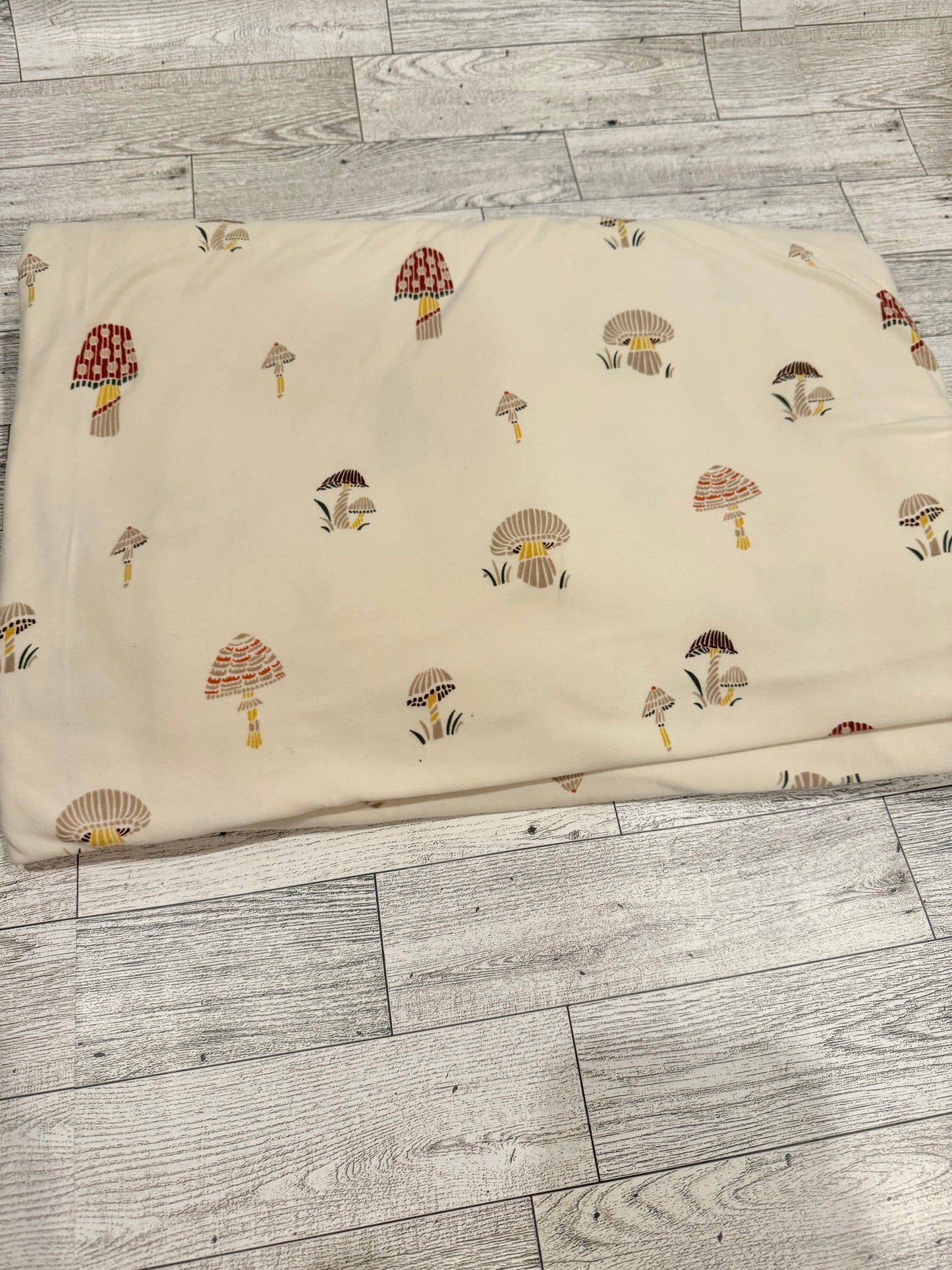 Fabric - Red, green and mustard Mushrooms